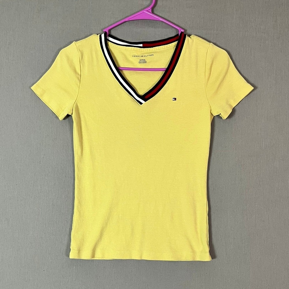 Tommy Hilfiger T-Shirt XS Cotton Yellow V-Neck Striped Trim EUC
